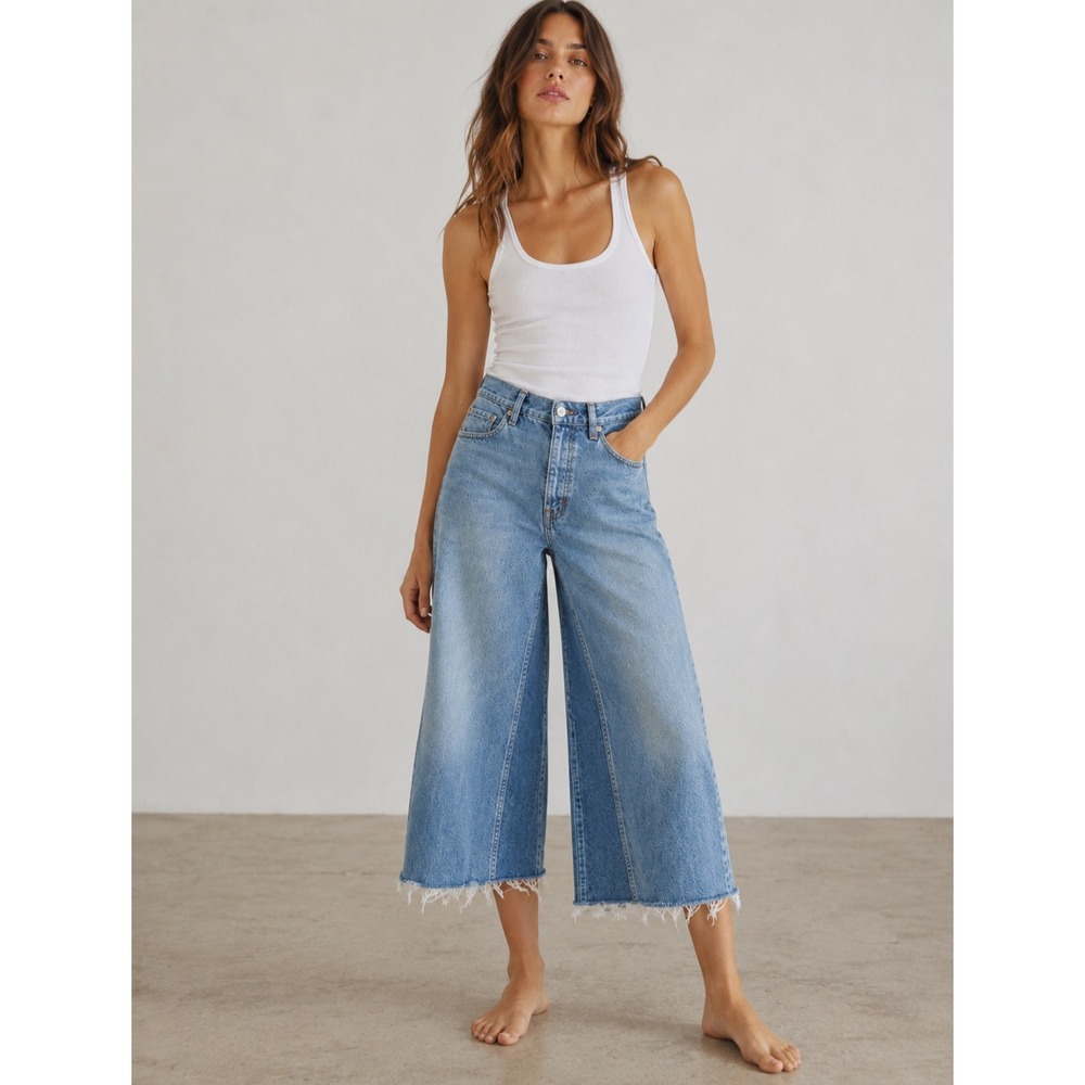 B Sides Reworked Levis 517 Wide Leg Culotte Raw Hem Crop Classic Indigo Denim 31